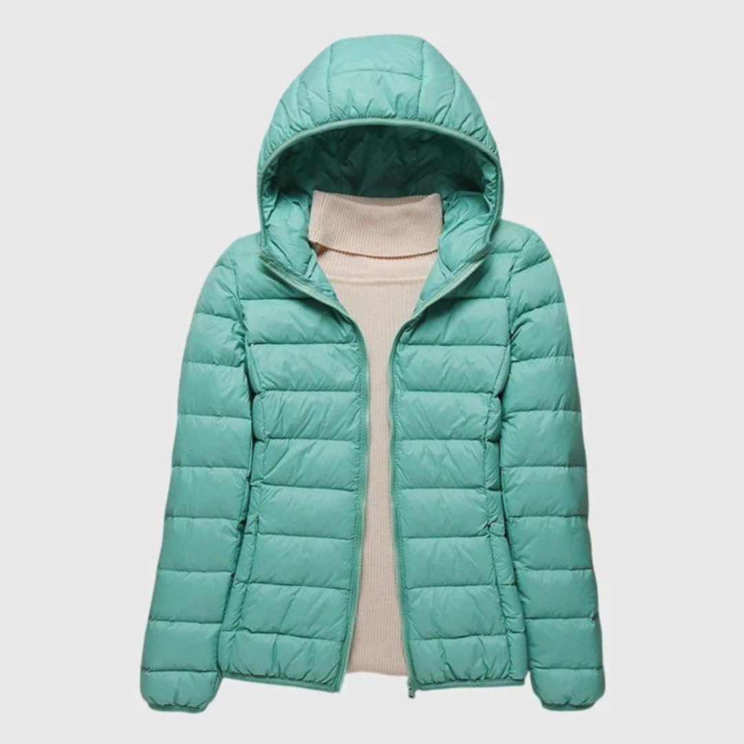 Women's Lightweight Quilted Jacket with Hood or Stand Collar – Turquoise Hood