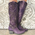 Women's Leather Western Knee-High Boots with Geometric Studs - Purple