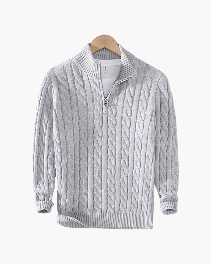 Men's Cable-Knit Half-Zip Jumper with Ribbed Trims – Grey