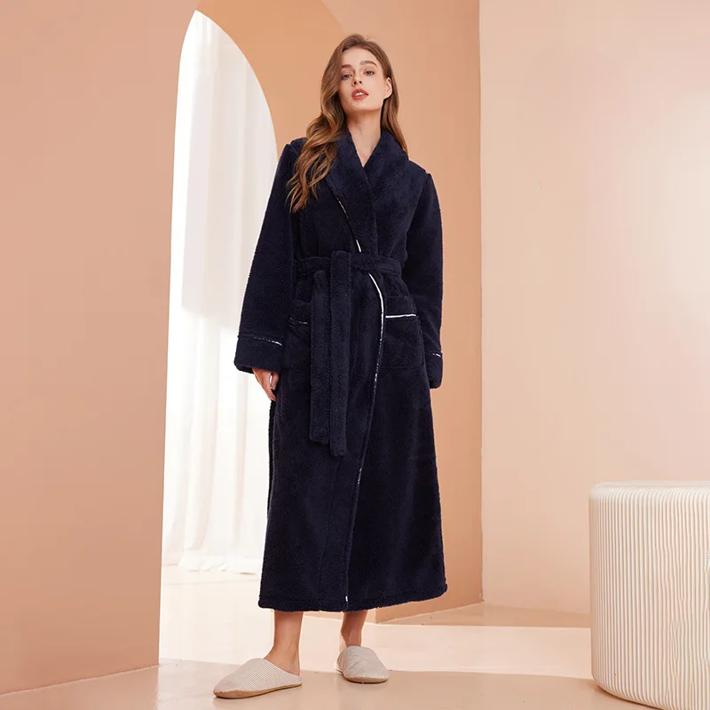 Women's Long Flannel Dressing Gown with Shawl Collar – Navy Blue