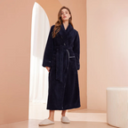 Women's Long Flannel Dressing Gown with Shawl Collar – Navy Blue