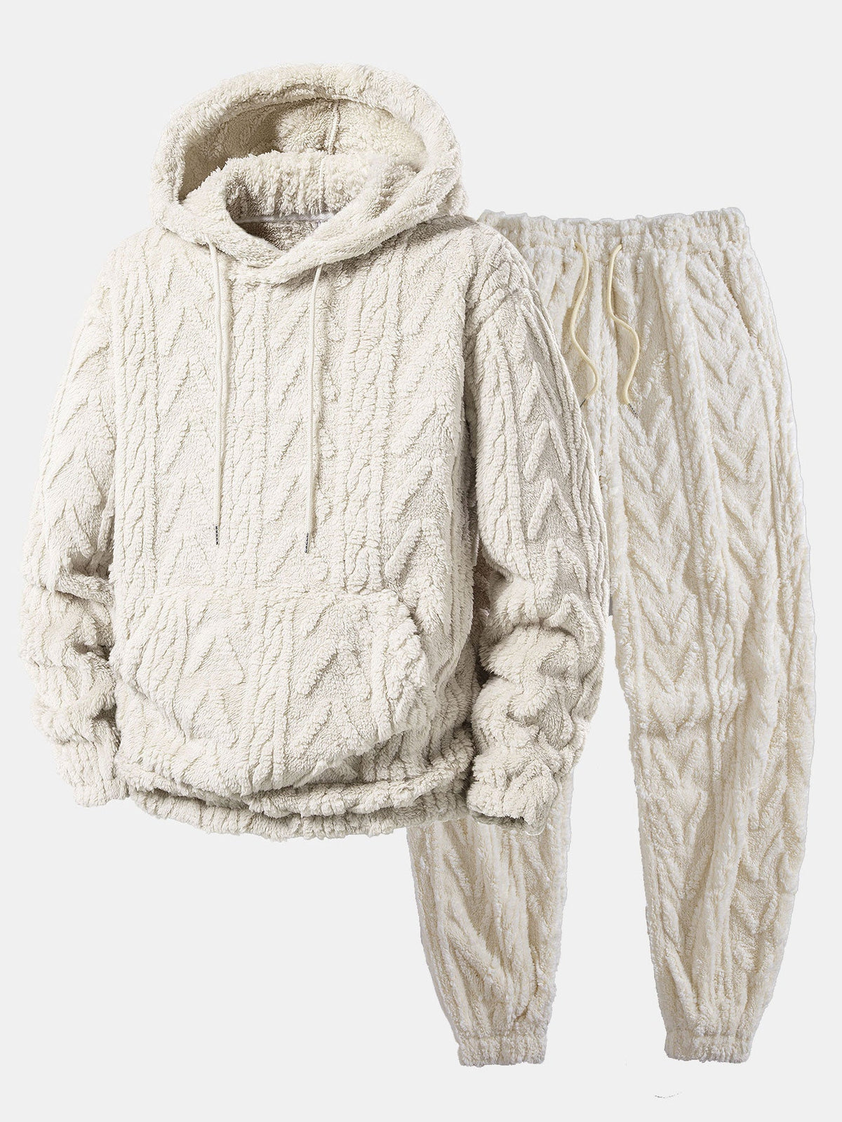 Men's Teddy Fleece Hoodie and Joggers Two-Piece Set – Cream