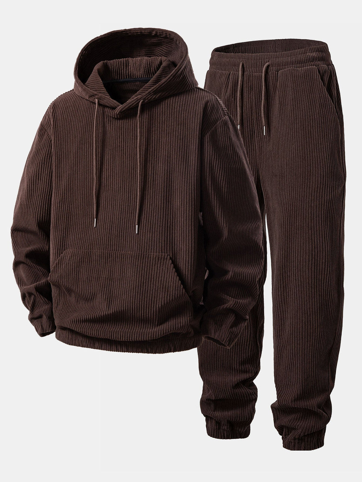 Men's Corduroy Hooded Tracksuit with Tapered Jogger Cuffs – Dark Brown