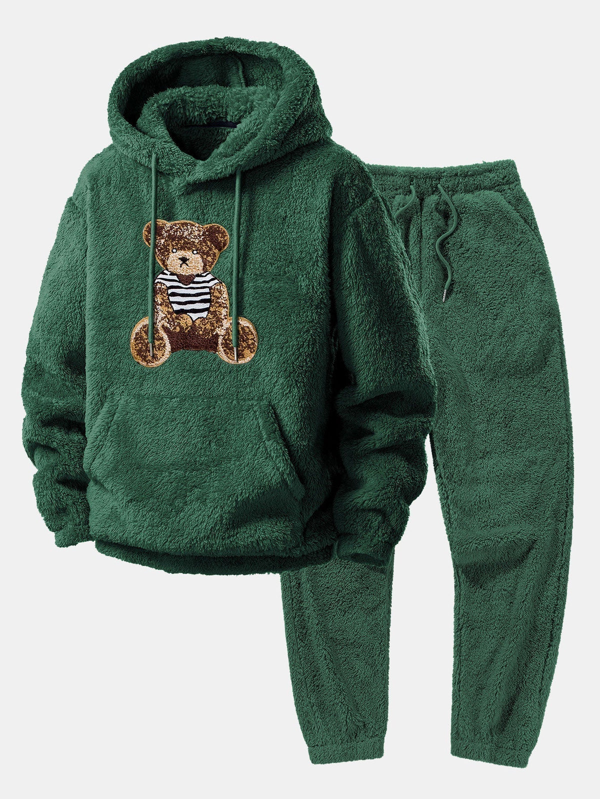 Men's Plush Fleece Hooded Tracksuit with Pouch Pocket – Dark Green