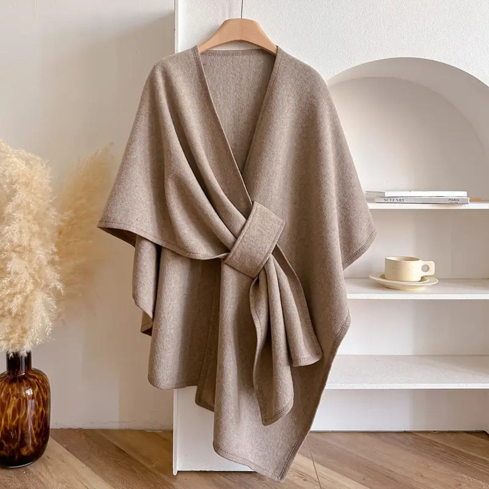 Women's Windproof Poncho Coat Draped Sides Belted Waist – Taupe
