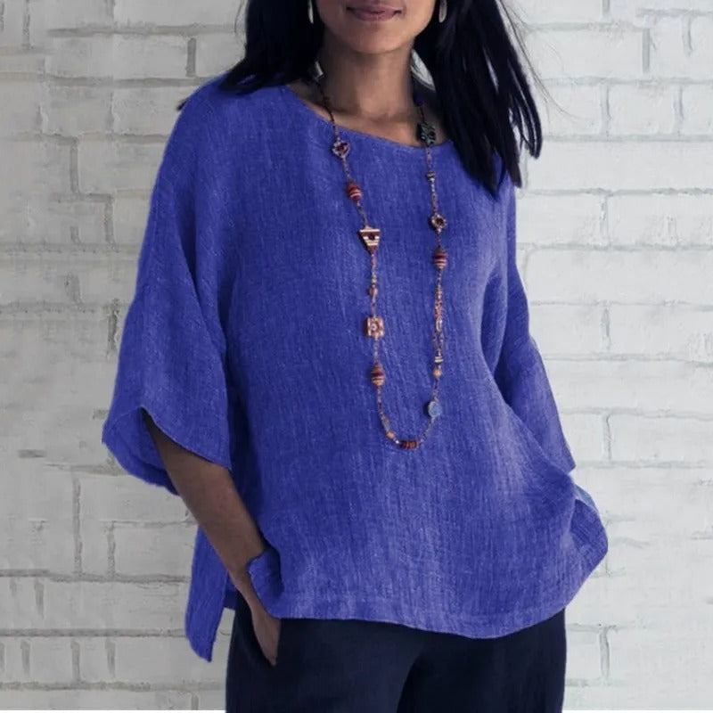 Women's Linen V-Neck Tunic Top with 3/4 Sleeves and Relaxed Fit – Blue