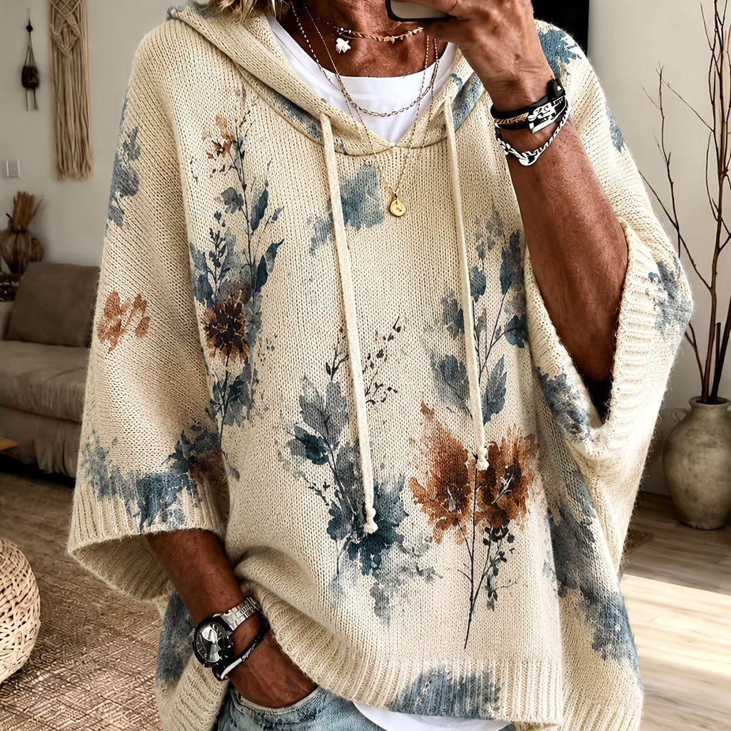 Women's Relaxed Floral Knit Hooded Poncho Jumper - Apricot