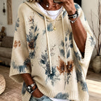 Women's Relaxed Floral Knit Hooded Poncho Jumper - Apricot