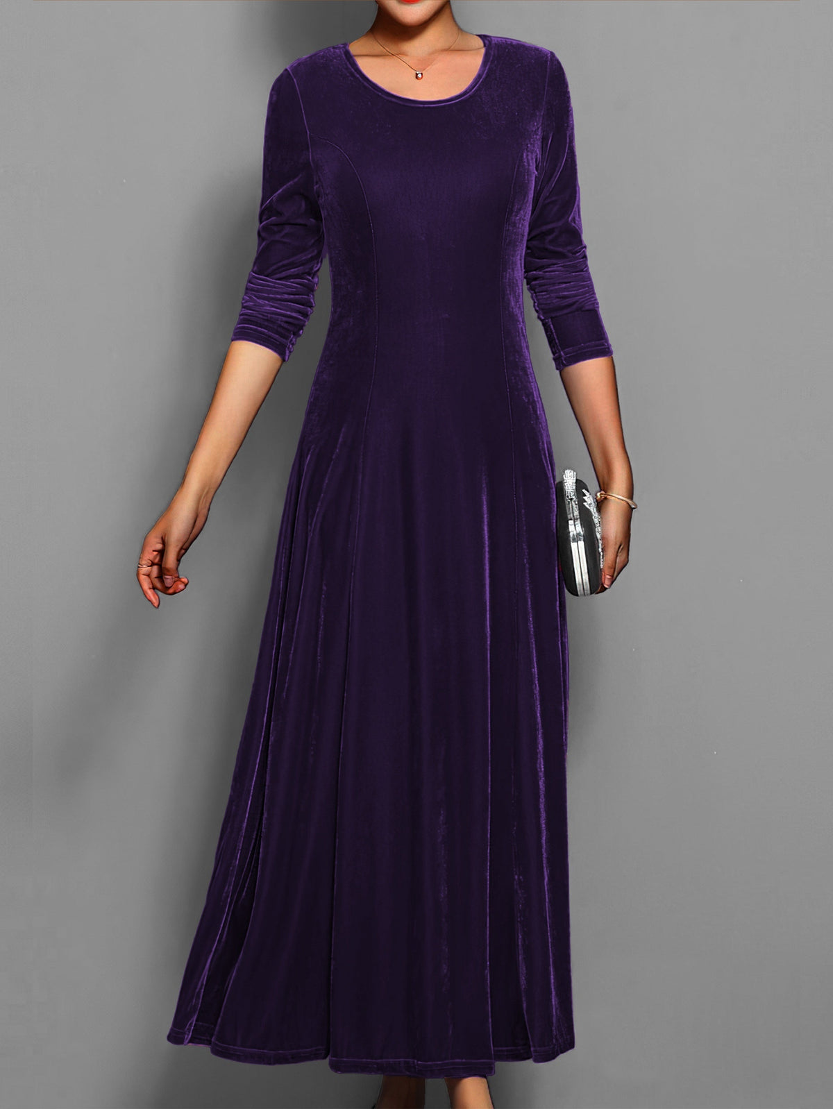 Women's Long-Sleeved Velvet Maxi Dress with Fitted Bodice – Dark Purple