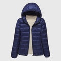 Women's Lightweight Quilted Jacket with Hood or Stand Collar – Dark Blue Hood