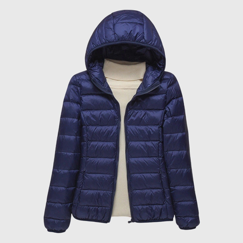Women's Lightweight Quilted Jacket with Hood or Stand Collar – Dark Blue Hood