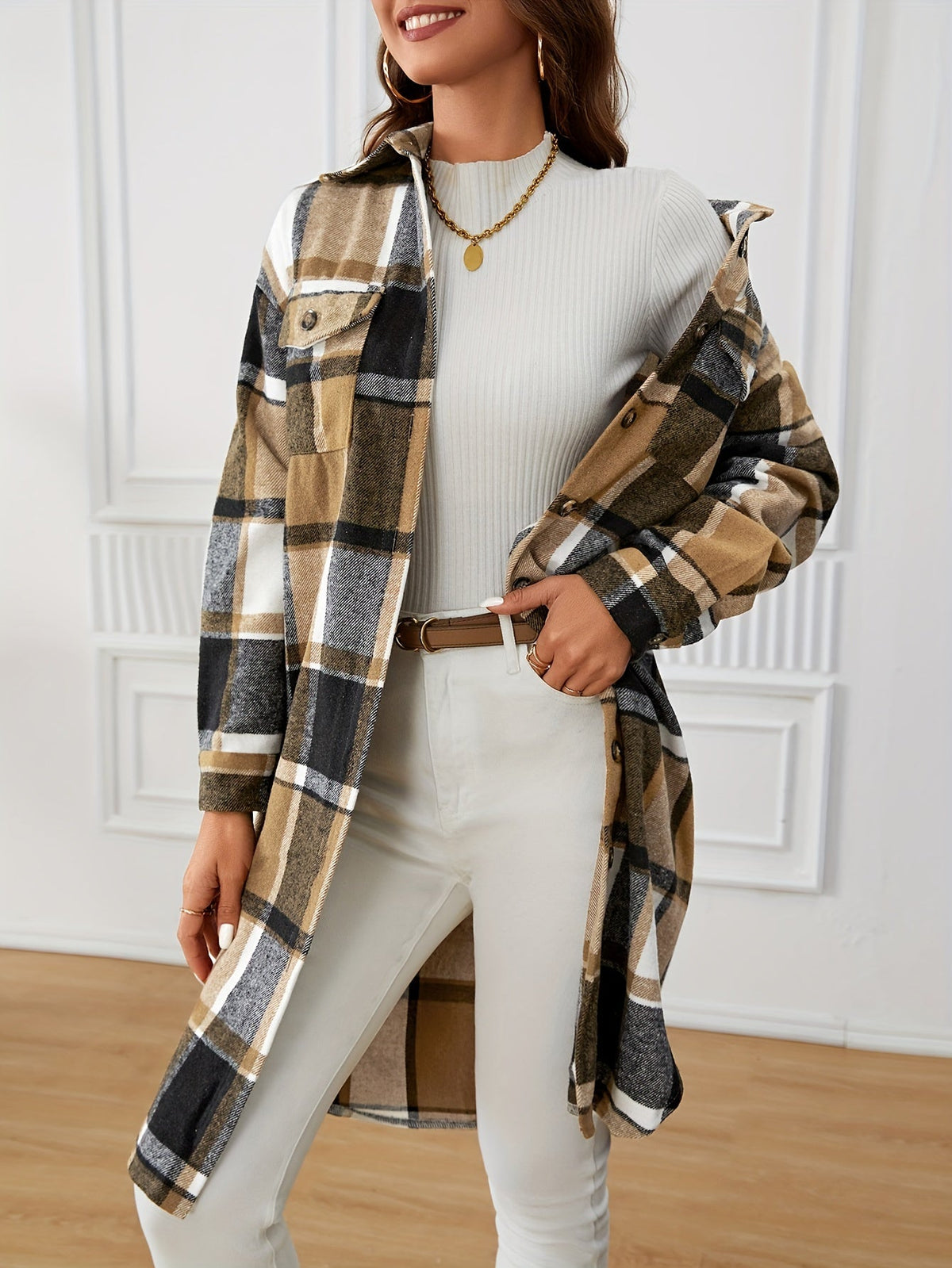Women's Country Check Long Coat with Chest Pockets