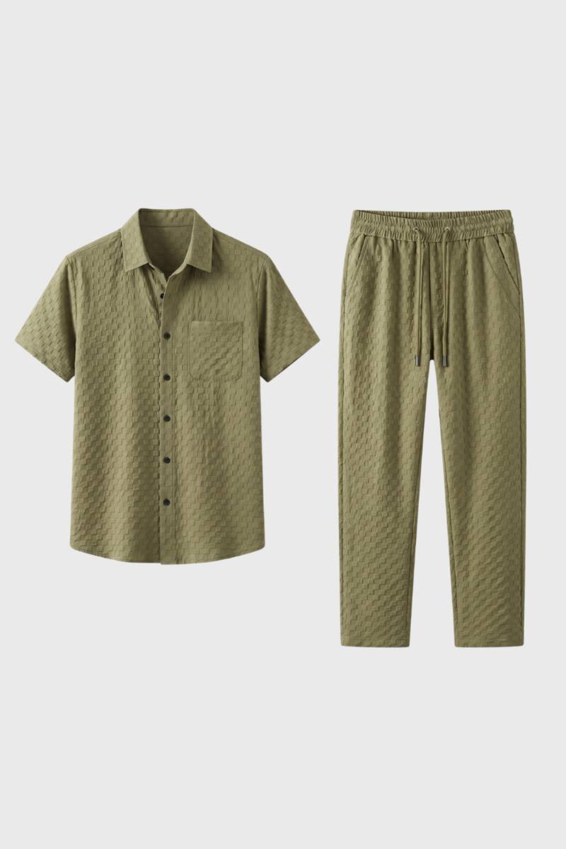 Men's Textured Short-Sleeve Shirt and Drawstring Trousers Co-ord – Olive Green