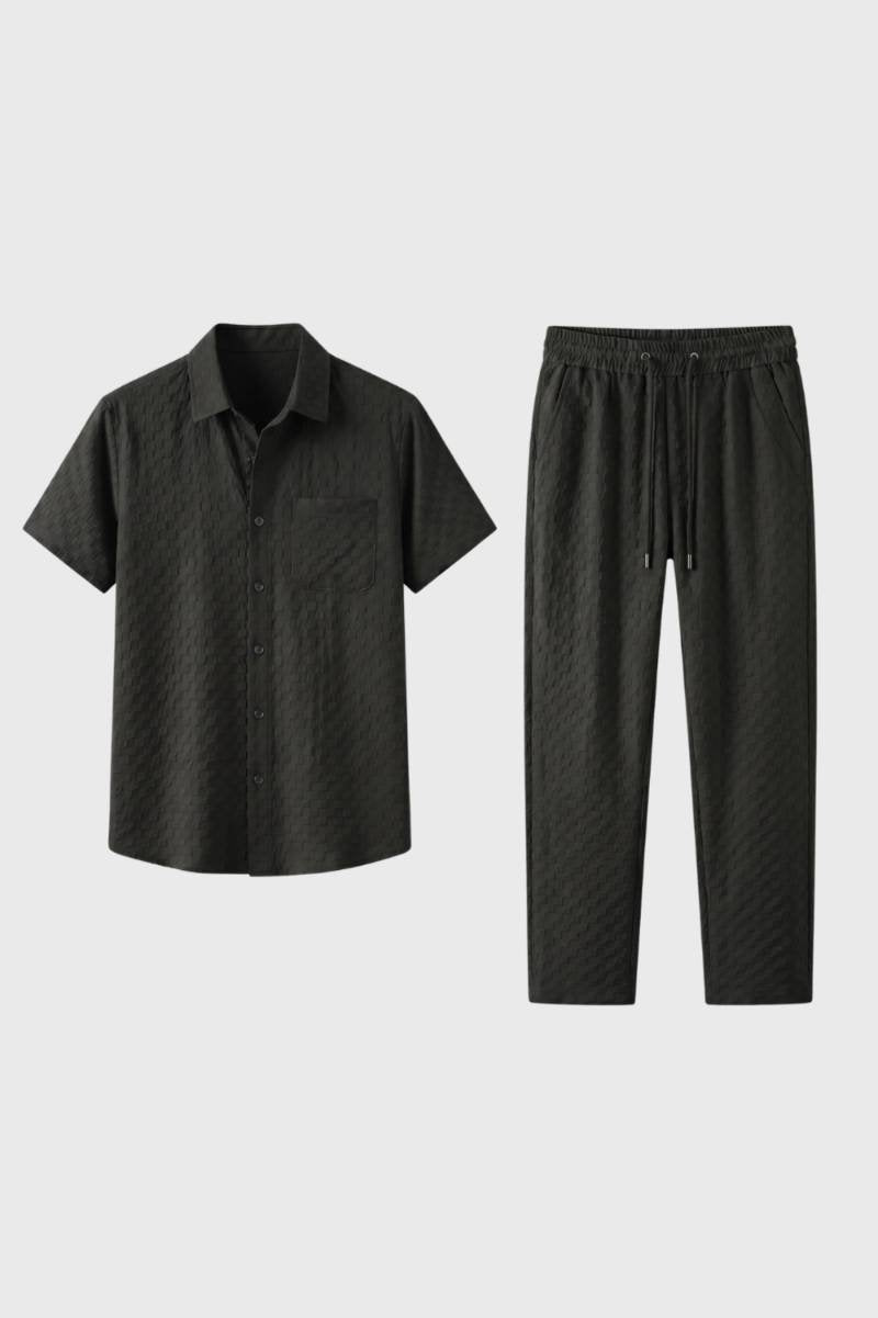 Men's Textured Short-Sleeve Shirt and Drawstring Trousers Co-ord – Black