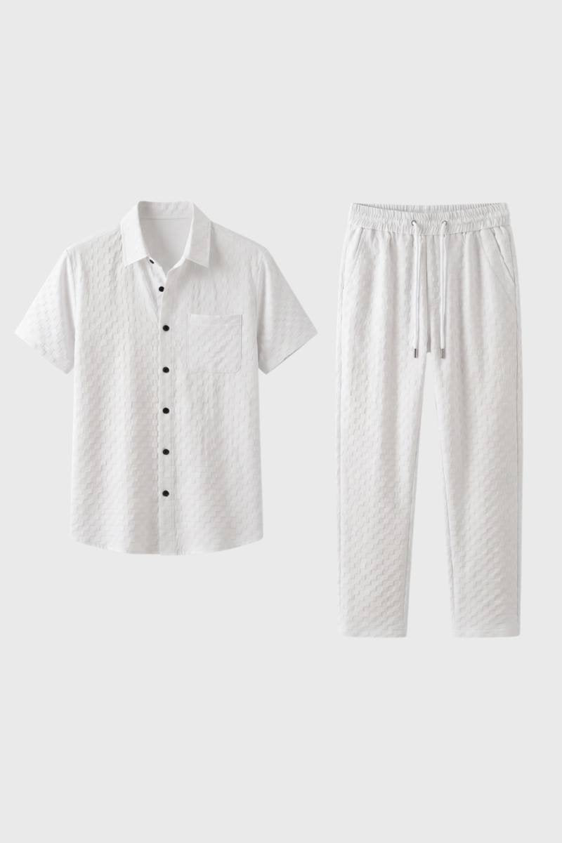 Men's Textured Short-Sleeve Shirt and Drawstring Trousers Co-ord – White