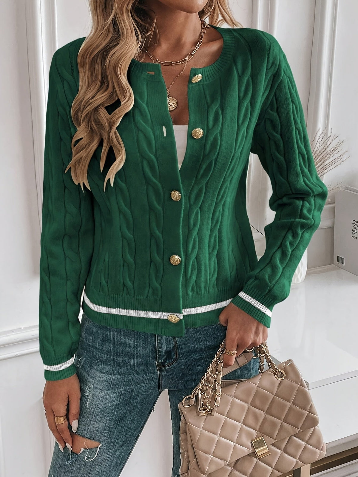 Women's Open Front Cable-Knit Cardigan with Button Detail