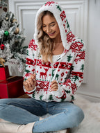 Women's Plush Festive Print Hooded Zip Cardigan with Pockets