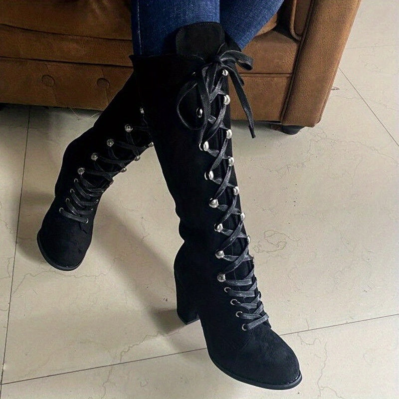 Women's Adjustable Lace-Front Tall Boots with Steady Block Heel