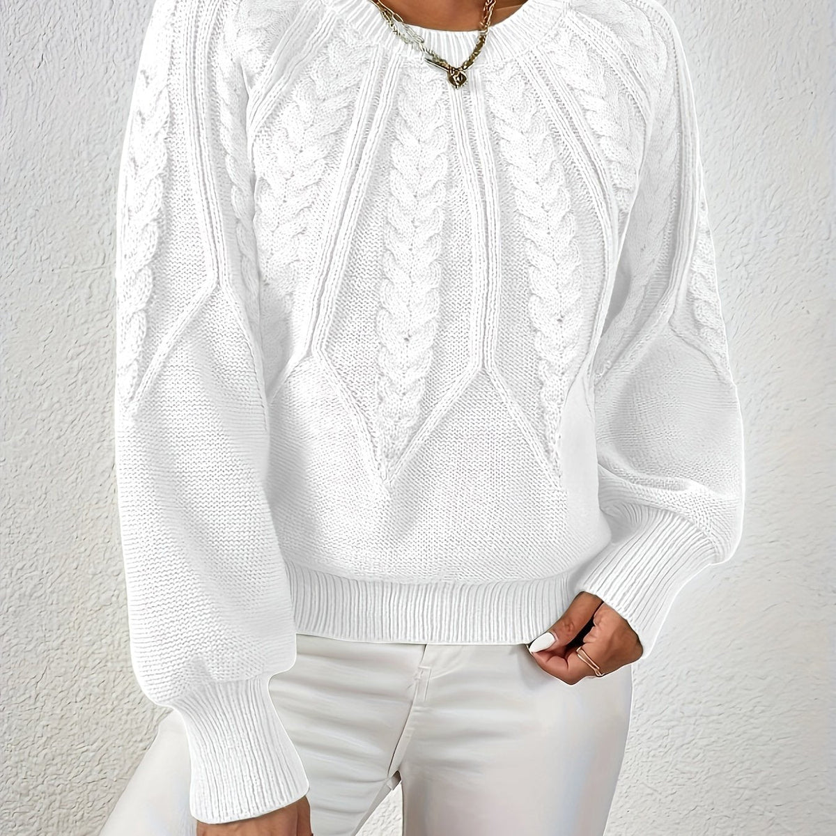 Women's Statement Sleeve Wool Blend Cable-Knit Jumper – White