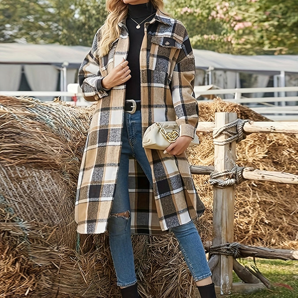 Women's Country Check Long Coat with Chest Pockets - Khaki