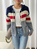 Women's Ribbed Knit Zip-Through Hooded Cardigan