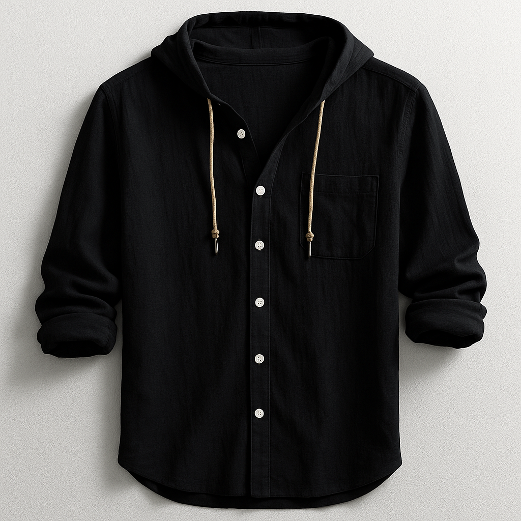 Men's Lightweight Hooded Overshirt with Button Front – Black