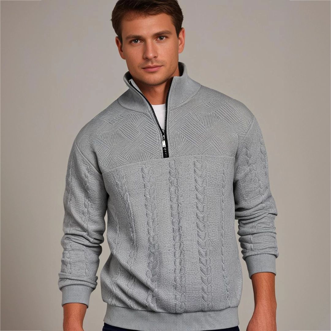 Men's Half-Zip Cable-Knit Jumper with Raised Collar – Grey