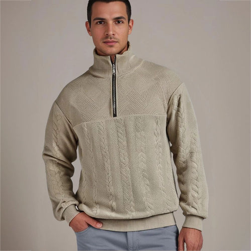 Men's Half-Zip Cable-Knit Jumper with Raised Collar – Khaki