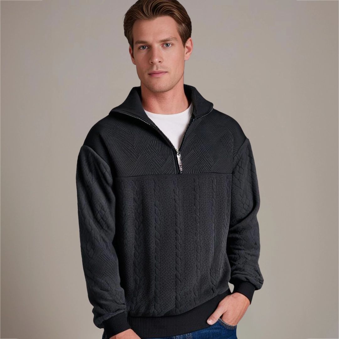 Men's Half-Zip Cable-Knit Jumper with Raised Collar – Black