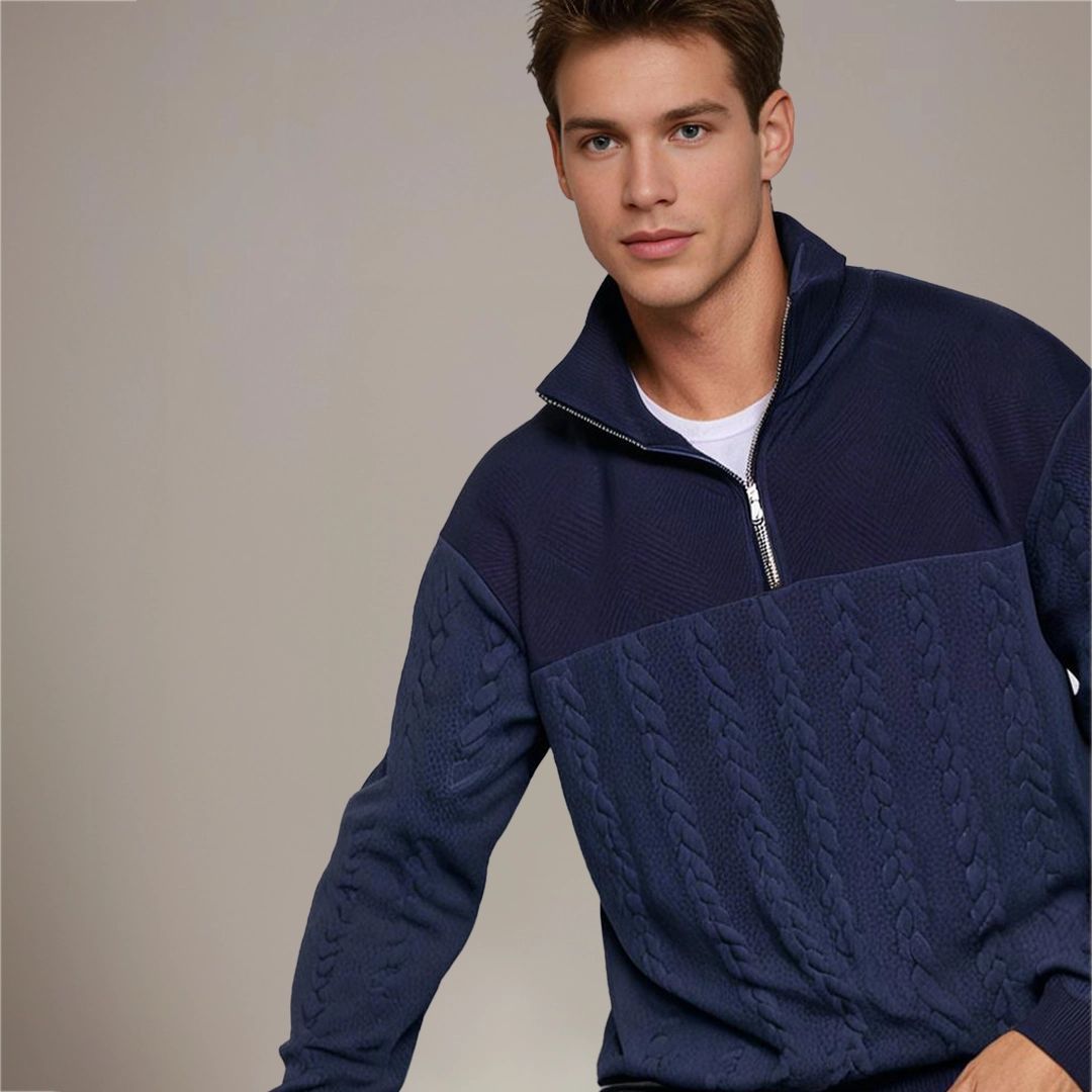 Men's Half-Zip Cable-Knit Jumper with Raised Collar – Dark Blue