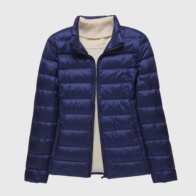 Women's Lightweight Quilted Jacket with Hood or Stand Collar – Dark Blue Stand Collar