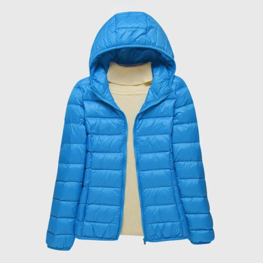 Women's Lightweight Quilted Jacket with Hood or Stand Collar – Blue Hood