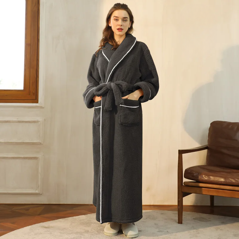 Women's Long Flannel Dressing Gown with Shawl Collar – Dark Grey