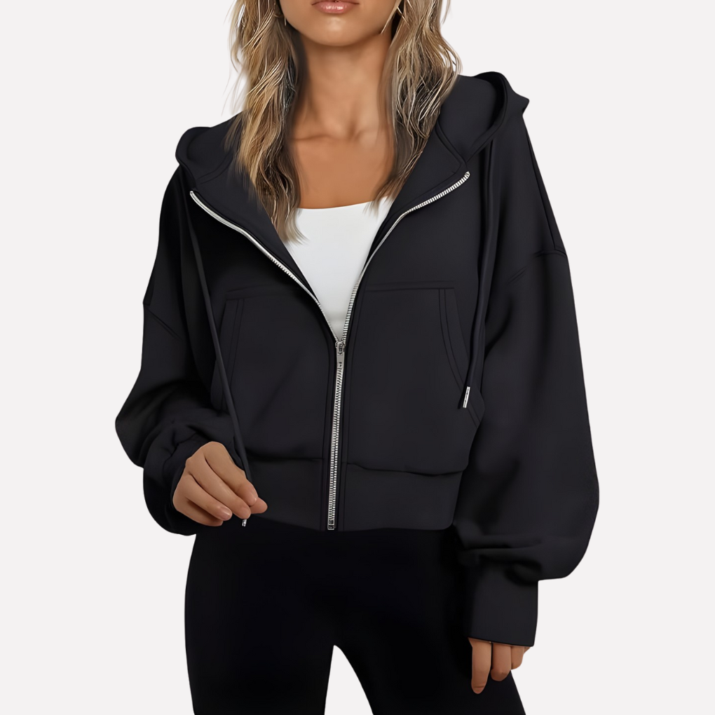 Women's Cropped Zip Hoodie Drawstring Hood Printed Accents – Black
