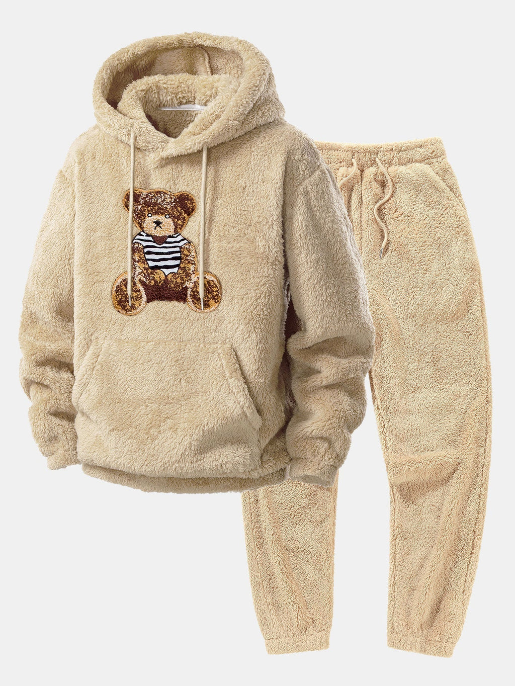 Men's Plush Fleece Hooded Tracksuit with Pouch Pocket – Beige