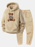 Men's Plush Fleece Hooded Tracksuit with Pouch Pocket – Beige