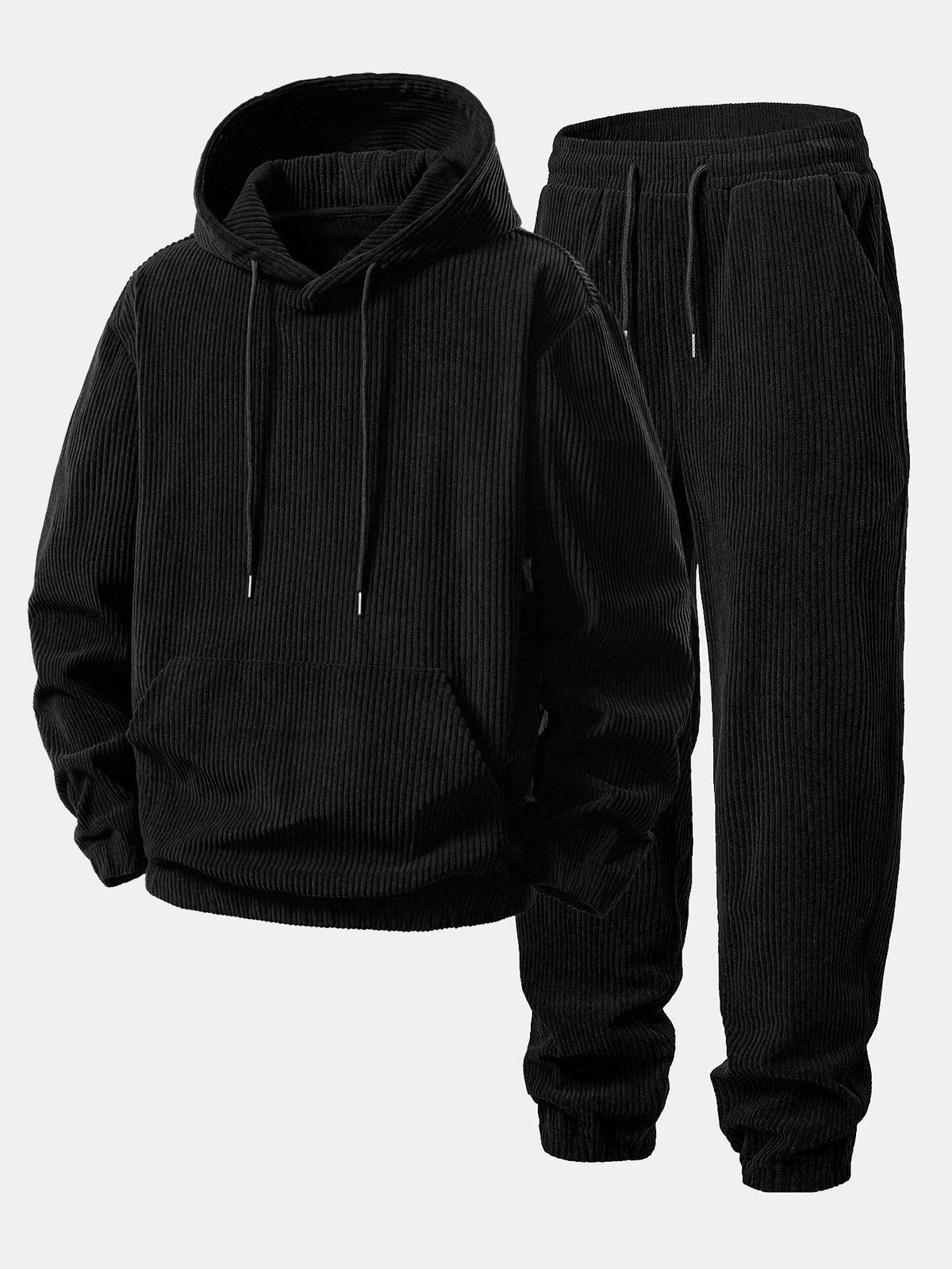 Men's Corduroy Hooded Tracksuit with Tapered Jogger Cuffs – Black