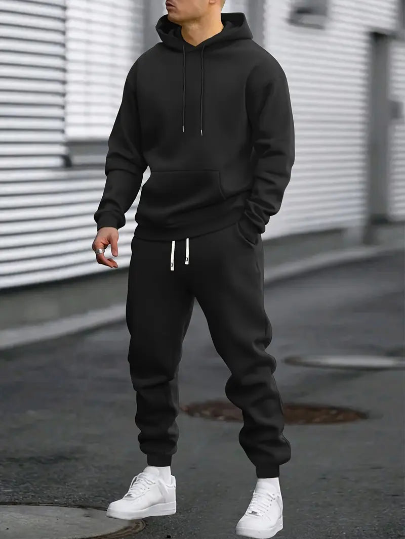 Men's Two-Piece Tracksuit with Hoodie and Tapered Joggers – Black