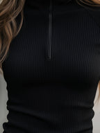 Women's Slim Ribbed Zip-Neck Long Sleeve Top