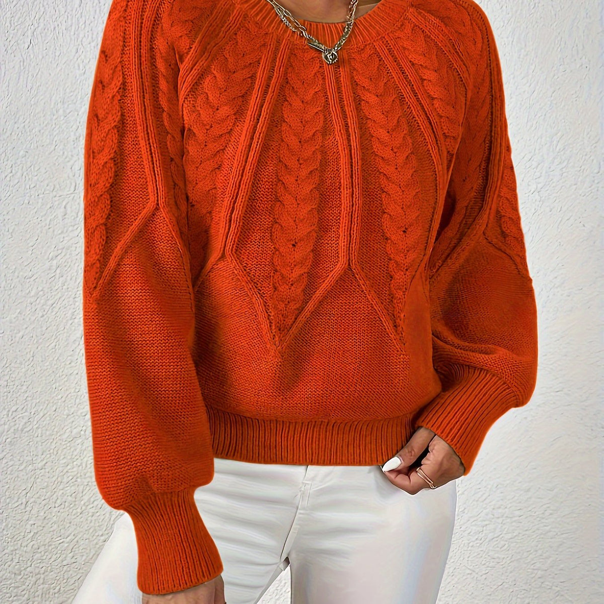Women's Statement Sleeve Wool Blend Cable-Knit Jumper – Orange