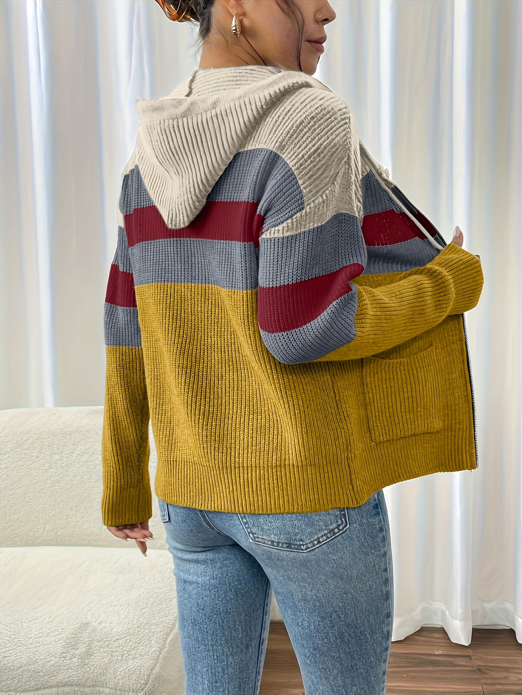 Women's Ribbed Knit Zip-Through Hooded Cardigan