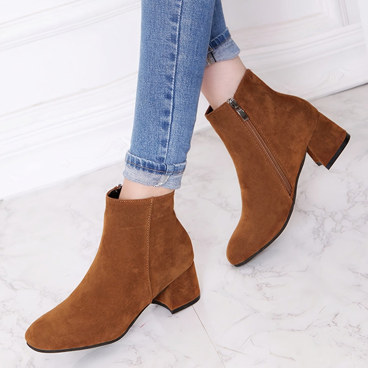 Women's Chelsea Ankle Boots with Low Block Heel – Brown