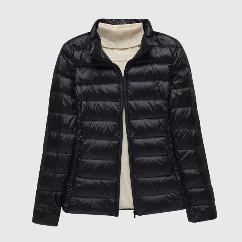 Women's Lightweight Quilted Jacket with Hood or Stand Collar – Black Stand Collar