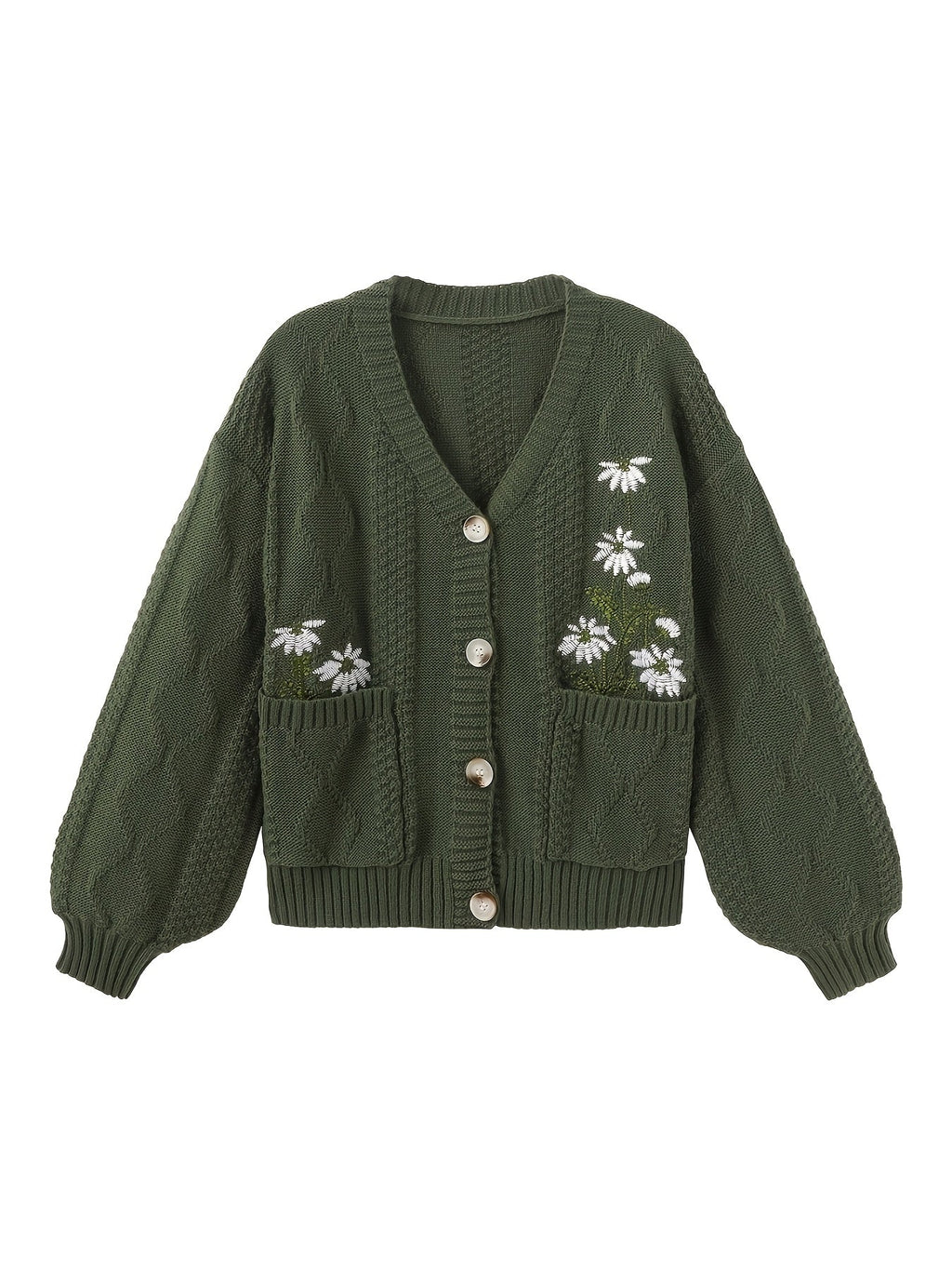 Women's Embroidered Flower Knit Cardigan with Pockets