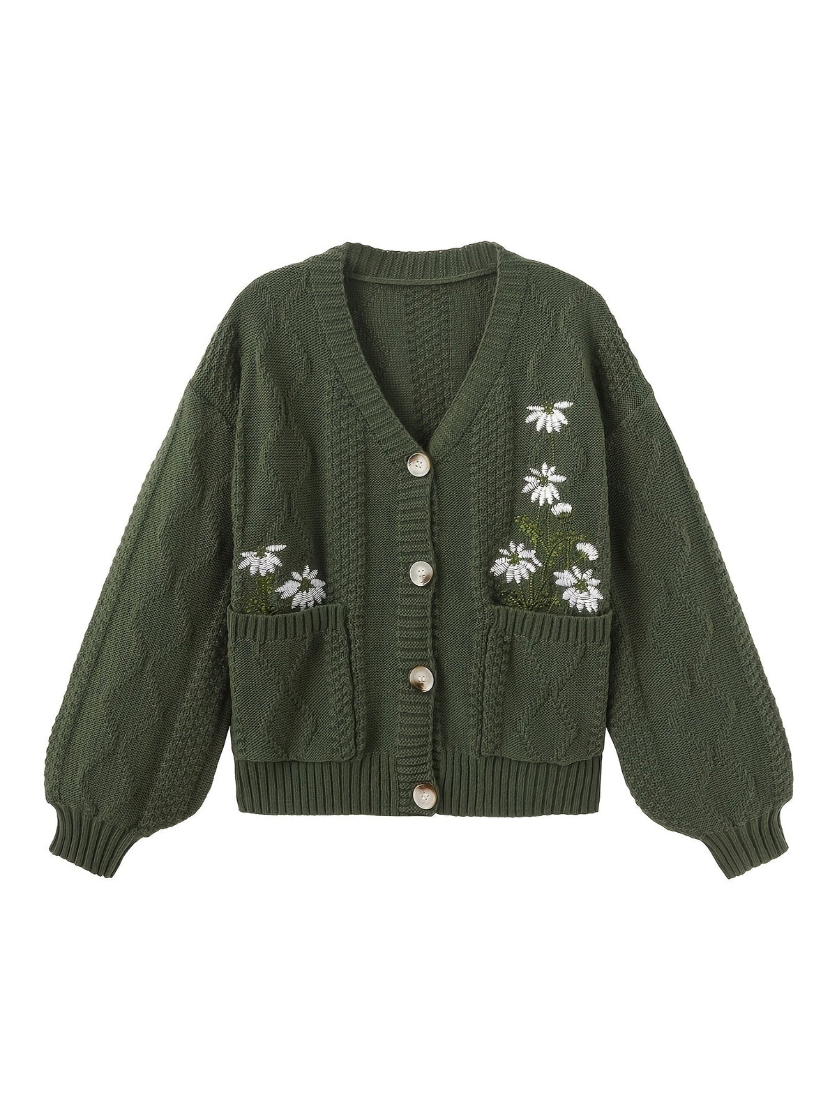 Women's Embroidered Flower Knit Cardigan with Pockets