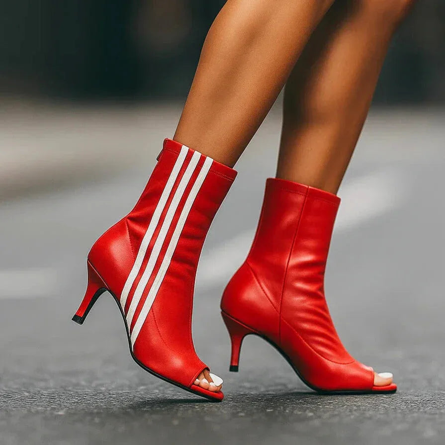 Women's Striped Mid Heel Peep Toe Ankle Boots