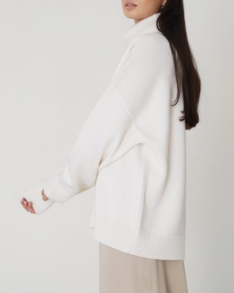 Women's Dropped-Shoulder Roll-Neck Jumper Minimalist Oversized Knit