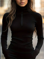 Women's Slim Ribbed Zip-Neck Long Sleeve Top