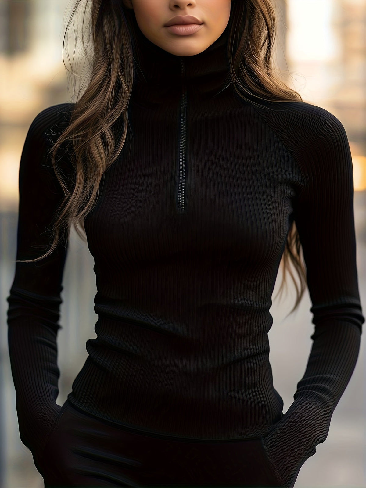 Women's Slim Ribbed Zip-Neck Long Sleeve Top