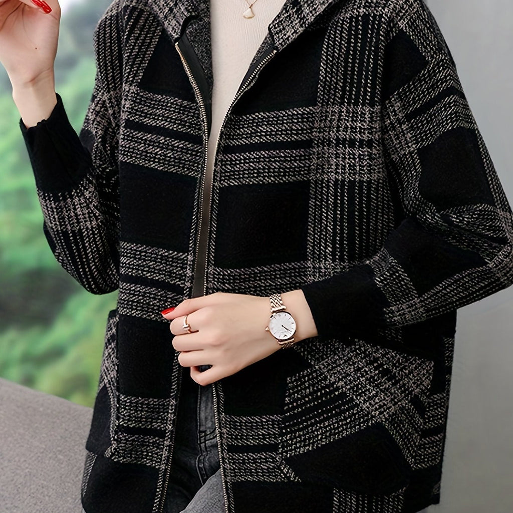 Women's Zip-Through Check Hoodie Jacket - Grey